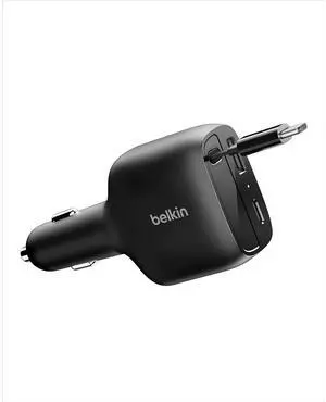 Belkin 75W Dual Port USB Car Charger - 1xUSB-A, 1xUSB-C w/ Retractable USB-C Cable - Black - CCC001fqBK Belkin 75W Dual Port USB Car Charger - 1xUSB-A, 1xUSB-C w/ Retractable USB-C Cable - Black - CCC001fqBK