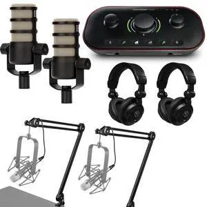 Focusrite Vocaster Two Podcast Interface for Solo Content Creators, Bundle with 2x PodMic Podcasting Microphone, 2x Broadcast Arm, 2x TAPH100 Headphones Focusrite Vocaster Two Podcast Interface for Solo Content Creators, Bundle with 2x PodMic Podcasting Microphone, 2x Broadcast Arm, 2x TAPH100 Headphones