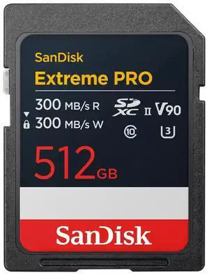 SanDisk Extreme PRO UHS-II V90 Cards UHS-II 512GB SD 310MB/s(R) / 305MB/s(W) SanDisk Extreme PRO UHS-II V90 Cards UHS-II 512GB SD 310MB/s(R) / 305MB/s(W)