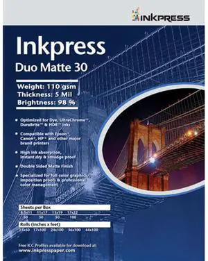 Inkpress Duo Matte 30 Inkjet Paper, 110 gsm Weight, 5 mil Thickness, 98% Brightness, Double Sided, 11x17", 50 Sheets Inkpress Duo Matte 30 Inkjet Paper, 110 gsm Weight, 5 mil Thickness, 98% Brightness, Double Sided, 11x17", 50 Sheets