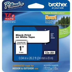Brother TZe251 1"x26.2' Laminated Tape for P-Touch Label, Black on White Brother TZe251 1"x26.2' Laminated Tape for P-Touch Label, Black on White