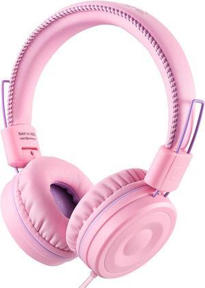 POWMEE M1 Kids Headphones Wired Headphone for Kids,Foldable Adjustable Stereo Tangle-Free,3.5MM Jack Wire Cord On-Ear Headphone for Children (Pink)