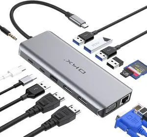 USB C Hub, OKX 14 in 1 USB C to Triple Display Adapter with 100W PD Charging, 2 HDMI, VGA, USB-C Date Transfer, 3 USB 3.0 Ports, 2 USB 2.0 Ports, SD/TF Card Readers for MacBook Pro and Type C Laptops