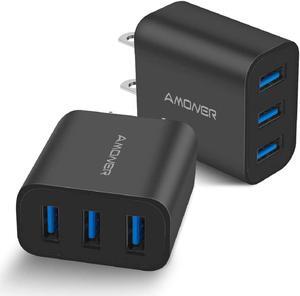 Amoner Wall Charger, Upgraded 2Pack 15W 3-Port USB Plug Cube Portable Wall Charger Plug for iPhone 13/12/mini/Pro/Max/11/Pro/Xs/XR/X/8/7/Plus, Galaxy10/9, Note10/9, and More