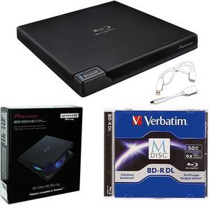 Pioneer BDR-XD07UHD Portable 6X Ultra HD 4K Blu-ray Burner External Drive Bundle with Cyberlink Software Download Installation Code, 50GB M-DISC BD-R DL and USB Cable - Burns CD DVD BD DL BDXL Discs