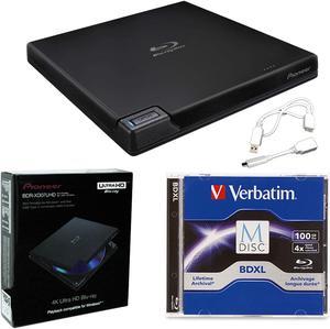 Pioneer BDR-XD07UHD Portable 6X Ultra HD 4K Blu-ray Burner External Drive Bundle with Cyberlink Software Download Installation Code, 100GB M-DISC BDXL and USB Cable - Burns CD DVD BD DL BDXL Discs