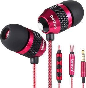 Betron B25 Earbuds, Wired Earbud Headphones with Microphone and Volume Control Deep Bass Noise Isolating in-Ear Earphones with 6 Silicone Ear Bud Tips Red