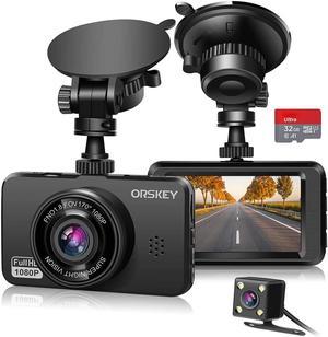 ORSKEY Dash Cam for Cars Front and Rear and SD Card Included 1080P Full HD in Car Camera Dual Lens Dashcam for Cars 170 Wide Angle with Loop Recording and G-Sensor