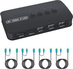 KVM Switch 4 Ports, HDMI USB Selector for 4 Computers Share Keyboard Mouse Printer and One HD 4K Monitor, Including 4 KVM Cables
