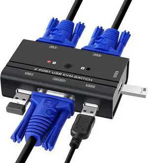 VGA USB KVM Switch, 2 Port VGA KVM Switcher Selector with Cables for 2PC Sharing 1 Video Monitor and 3 USB Devices Keyboard Mouse Printer Scanner