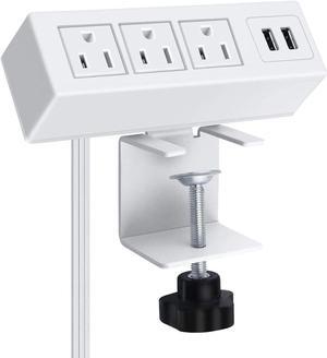 3 Outlet Desk Clamp Power Strip with USB Ports, White Desktop Power Strip Surge Protector 1200J. Desk Mount Charging Power Station, on Desk Edge Power Outlet 125V 12A 1500W.