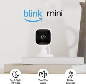 Blink Mini  Compact indoor plug-in smart security camera, 1080p HD video, night vision, motion detection, two-way audio, easy set up, Works with Alexa  1 camera (White)