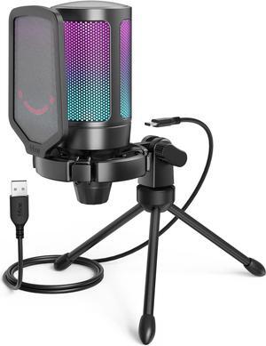 FIFINE Gaming USB Microphone for PC PS5, Condenser Mic with Quick Mute, RGB Indicator, Tripod Stand, Pop Filter, Shock Mount, Gain Control for Streaming Discord Twitch Podcasts Videos- AmpliGame
