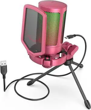 AmpliGame PC Gaming Streaming USB RGB Microphone Compatible with Computer/PS4/PS5, for Podcasts, TikTok, Game Chat, Home Use, Condenser Mic with Pop Filter, Shock Mount-Red