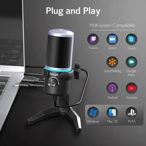 Plug and Play USB Condenser Microphone for Streaming Recording Podcasting Gaming Cardioid Microphone Compatible for Windows Mac OS PS4 PS5 Noise Cancelling Volume Control One Tap Mute Headphone Output