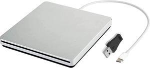 External CD DVD Drive Burner/Portable/Slim/ Reader/Type-c/USB-C Drive(Equipped with USB 3.0 Adapter ) for MacBook Pro/PC/Mac/Laptop/Air Windows7/ Windows8 /Windows10 (Sliver)