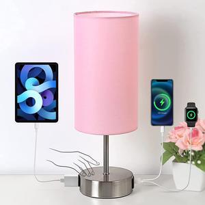 Yarra-Decor Upgraded Bedside Lamp with USB A+C Charging Ports & AC Outlet Touch Control Table Lamp for Girl Bedroom 3 Way Dimmable Nightstand Lamp with Pink Shade for Home, Dorm(Bulb Included)