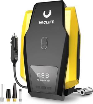 VacLife Tire Inflator Portable Air Compressor - Air Pump for Car Tires (up to 50 PSI), 12V DC Tire Pump for Bikes (up to 150 PSI) w/LED Light, Digital Pressure Gauge, Model: ATJ-1166, Yellow (VL701)