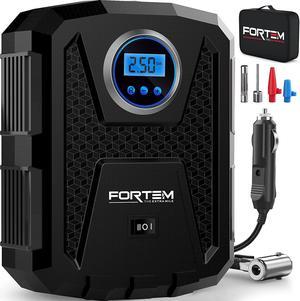 FORTEM Tire Inflator Portable Air Compressor 150 PSI, Bike Pump, 12V Electric Air Pump for Car Tires and Bicycles w/LED Light, Digital Tire Pressure Gauge w/Auto Pump/Shut Off, Carrying Case (Black)