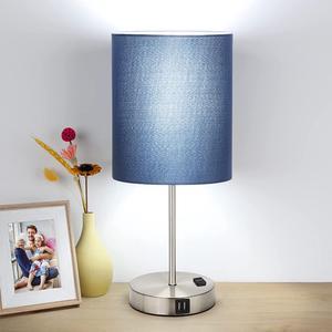 Touch Control Table Lamp, 3 Way Dimmable Bedside Desk Lamp with 2 Fast USB Ports and AC Outlet, Blue Nightstand Lamp for Bedroom Living Room, Modern Office Lamp, Silver Base, 60W LED Bulb Included