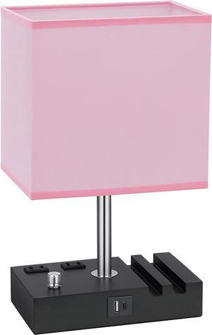 Kakanuo Table Lamp for Bedroom with Dual USB Ports, Pink Fully Dimmable Bedside Lamp with Phone Stands and 2 Charging Outlets, Desk Lamp for Nightstand and Living Room, LED Bulb Included