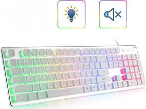 LANGTU Membrane Gaming Keyboard, Rainbow LED Backlit Quiet Keyboard for Office, USB Wired All-Metal Panel 25 Keys Anti-ghosting Computer Keyboard 104 Keys - L1 White/Silver