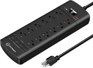 Power Strip, Witeem Surge Protector with 12-Outlet (1875W/15A,4360Joules) and 4 USB Charging Ports (5V/6A,30W),6Ft Extension Cord, Wall Mountable Overload Protection Outlet for Home & Office, Black