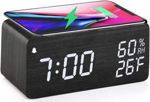 Wooden Digital Alarm Clock with Wireless Charging, 3 Alarms LED Display, Sound Control and Snooze Dual for Bedroom, Bedside, Office (Black)