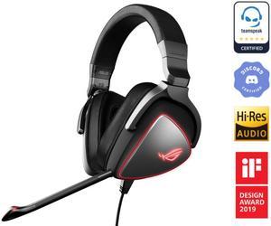 ASUS ROG Delta Origin gaming headset with red LED lighting rings, a microphone, and USB-C connection for PCs, Macs, smartphones, and gaming consoles