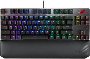 ASUS ROG Strix Scope TKL Deluxe wired mechanical RGB gaming keyboard for FPS games, Cherry MX switches, aluminum frame, ergonomic wrist rest, and Aura Sync lighting