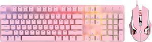 CORN Pink Mechanical Gaming Keyboard and Mouse Combo, Mixed Coloer Lighting,104 Keys PC Blue Switch Keyboard and Adjustable DPI Mouse for Windows 2000/XP/7/8/10&MAC