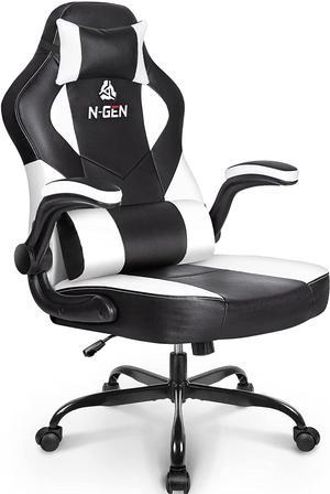 N-GEN Gaming Chair Ergonomic Office Chair PC Desk Chair with Lumbar Support Flip-Up Arms Levelled Seat Style Headrest PU Leather Executive High Back Computer Chair for Adults Women Men