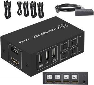 KVM Switch HDMI 4 Port Box,4 in 1 Out KVM Switch 4 Computers Share Keyboard Mouse Printer Monitor Support HUD 4K@60Hz for Laptop,PC,Xbox HDTV, with 4 USB Cable,1 Switch Button&Cable,1 Power Cable