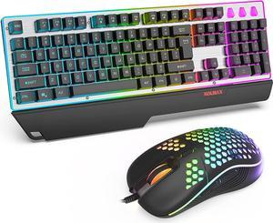 Gaming Keyboard and Mouse Combo Colorful Lights Rainbow LED Backlit Keyboard with Ergonomic Detachable Wrist Rest, Programmable 3200 DPI 7 Button Gaming Mouse for Windows PC Mac Gamer,Office/Gaming