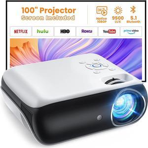 Projector, Native 1080P Bluetooth Projector with 100''Screen, 9500L Portable Outdoor Movie Projector Compatible with Smartphone, HDMI,USB,AV,Fire Stick, PS5