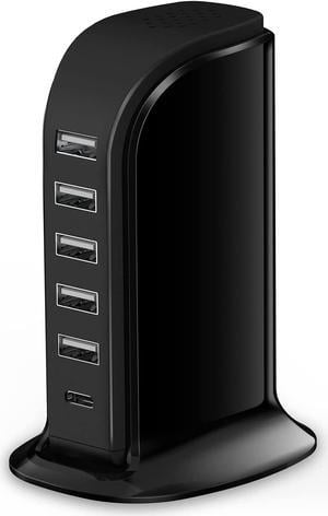 Charger Block 6 in 1, 40W USB C Charger 3A, Charging Hub with 5 USB Ports(Shared 6A) for Multiple Electronics, USB Charging Station Multiports, Universal Desktop Phone Charger Travel Ready, Black