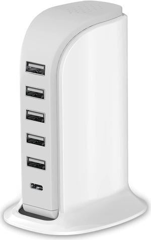 Charging Station for Multiple Devices 40W, Wall Charger Block 5 USB Ports(Shared 6A), USB Charging Hub Smart IC, Charger Tower with Type-C 3A for iPhone iPad Tablets Smartphones, Home Office Use