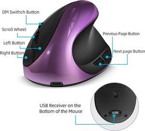 Corn Ergonomic Mouse Wireless,Rechargeable Vertical Mouse Right Handed Small Mouse with 6 Buttons 3 Adjustable 800/1200/1600 DPI for Laptop,Desktop,PC, MacBook(Purple)