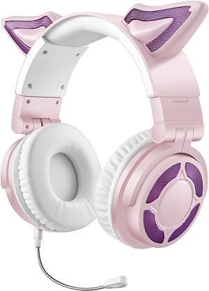 Kids Cat Ear Headphone Wireless Bluetooth 5.3 Portable Foldable Over-Ear Gaming Headset 2.4G with Attachable HD Mic RGB LED Light Customizable Lighting and Effect via APP (Pink)