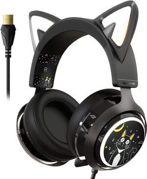 Corn Cat Ear Headset, USB Gaming Headset with Retractable Mic, 7.1 Surround Sound, RGB Lighting, Wired Headset for PC, PS4, PS5 - Black
