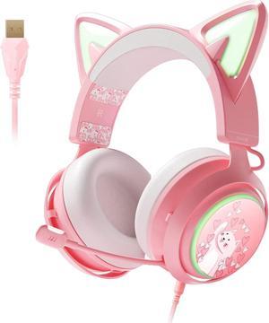 Corn Pink Gaming Headset, Cat Ear Headset, USB Headset with Retractable Mic, 7.1 Surround Sound, RGB Lights Headset for PC