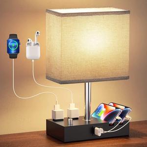 Fully Dimmable Nightstand Lamp for Bedroom with USB C Ports, Grey Small USB Bedside Table Lamp with Charging Outlets and Phone Stands, Wooden Desk Lamp for Living Room, LED Bulb Included