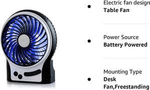 CORN 3 Speeds Mini Desk Fan, Rechargeable Battery Operated Fan with LED Light, Portable USB Fan Quiet for Home, Office, Travel, Camping, Outdoor, Indoor Fan, 4.9-Inch, Black