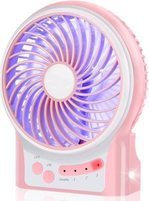 CORN 3 Speeds Mini Desk Fan, Rechargeable Battery Operated Fan with LED Light, Portable USB Fan Quiet for Home, Office, Travel, Camping, Outdoor, Indoor Fan, 4.9-Inch, Pink