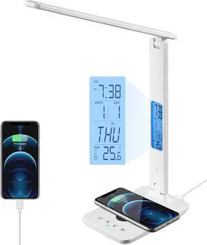 Corn Desk Lamp, LED Desk Lamp with Wireless Charger, USB Charging Port, Table Lamp with Clock, Alarm, Date, Temperature, Office Lamp, Desk Lamps for Home Office, White