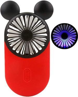 CORN Cute Personal Mini Fan, Handheld & Portable USB Rechargeable Fan with Beautiful LED Light, 3 Adjustable Speeds, Portable Holder, for Indoor Or Outdoor Activities, Cute Mouse Red