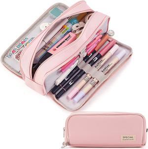 Large Capacity Pencil Case 3 Compartment Pouch Pen Bag for School Teen Girl Boy Men Women (Pink)