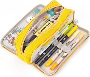 Large Capacity Pencil Case 3 Compartment Pouch Pen Bag for School Teen Girl Boy Men Women Yellow