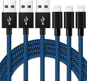 iPhone Charger Cable [Mfi-Certified] 3Pack 10ft Nylon Braided High Speed USB Charging Cord Compatible with iPhone 13/12/11/XS/XR/X/8/7/6/5/iPad-BlueBlack