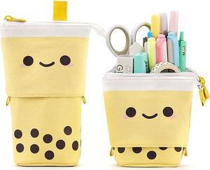 Boba Cute Standing Pencil Case for Kids Pop Up Pencil Box Makeup Pouch Stand UP Christmas Gift kids Pen Holder Organizer Cosmetics Bag Kawaii Stationary Yellow